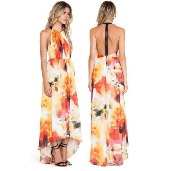 Alice + Olivia Dresses & Skirts - Women's Alice + Olivia High Low Watercolor Halter Dress Red Yellow Orange Size 0